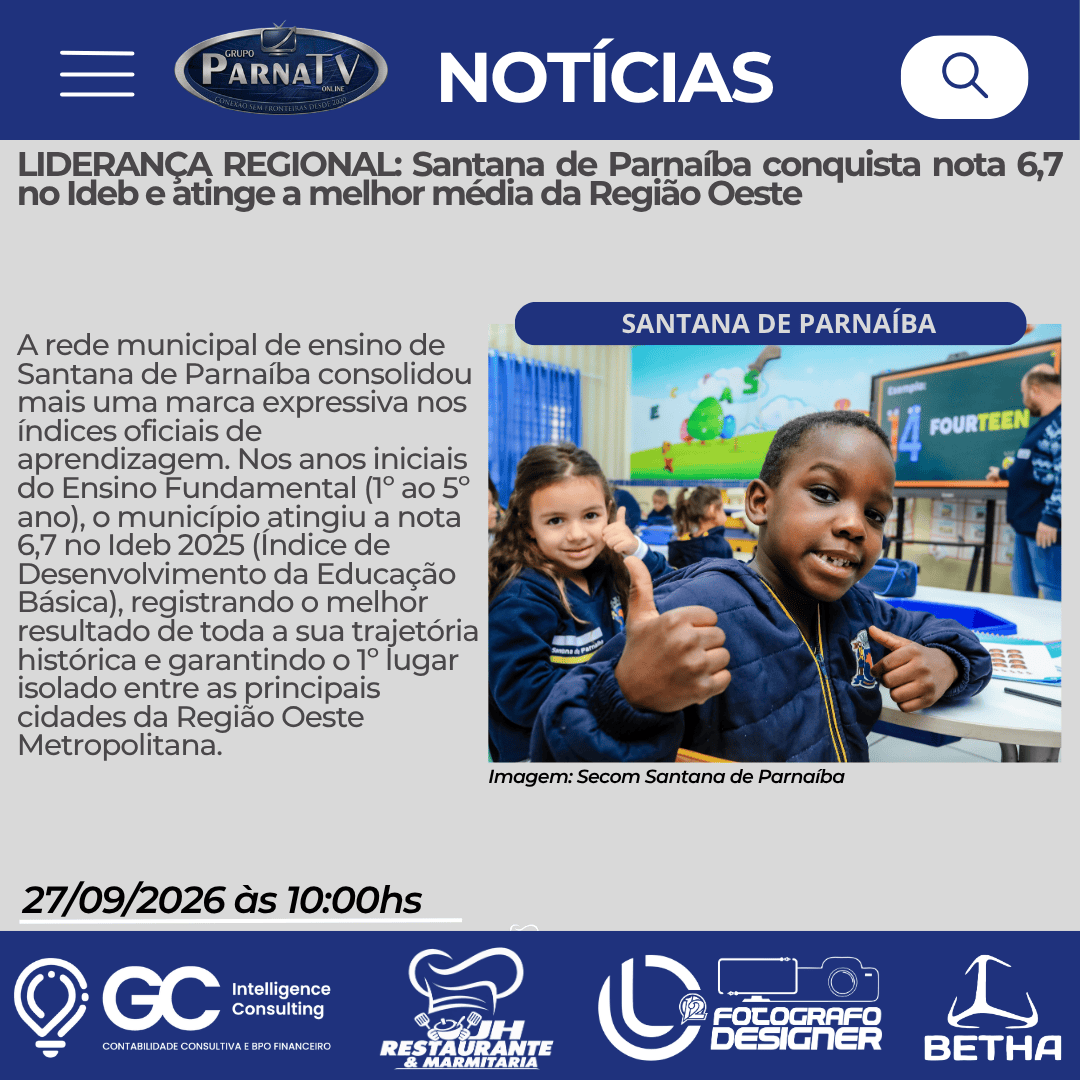 EDUCAÇÃO NOTA MÁXIMA: Santana de Parnaíba é nº 1 do Brasil em educação inteligente no Ranking Connected Smart&nbsp;Cities